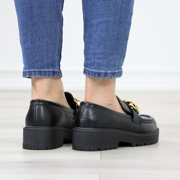 Chunky Lug Sole Slip On Penny Loafers Platform With Gold Chain - Picture 7 of 13